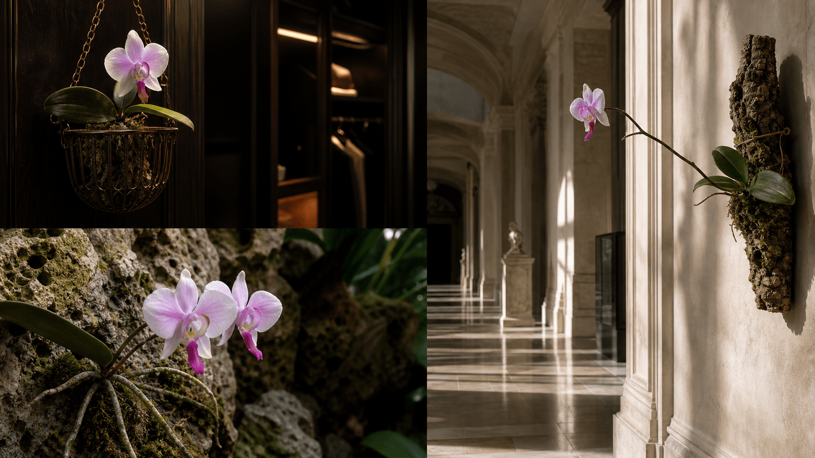 Lowii moth orchid shown in three settings: Refined living room, Bright architectural entryway, Sheltered patio