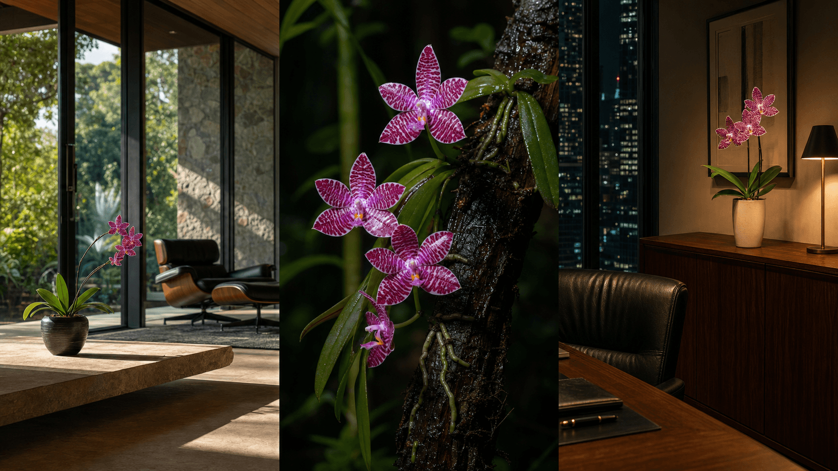 Lueddemanniana moth orchid shown in three settings: Refined living room, Bright architectural entryway, Sheltered patio