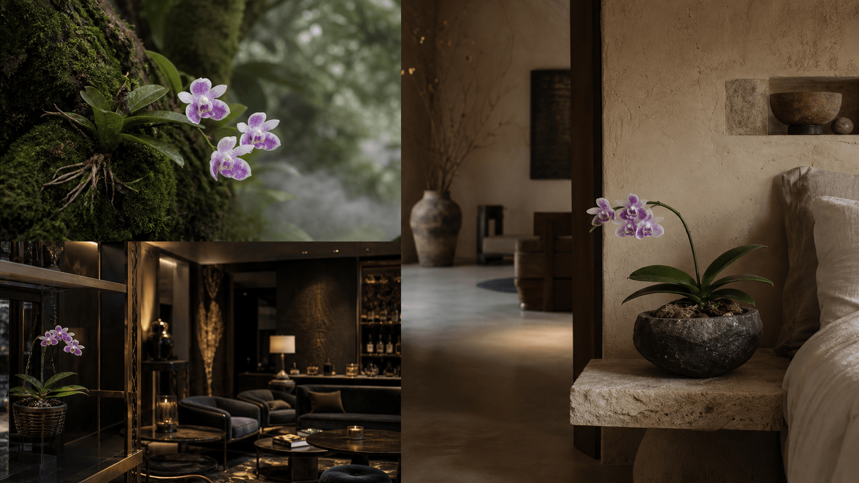 Modesta moth orchid shown in three settings: Refined living room, Bright architectural entryway, Sheltered patio