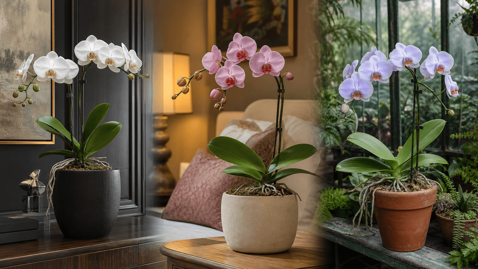 Phalaenopsis Orchid shown in three settings: Refined living room, Bright architectural entryway, Sheltered patio