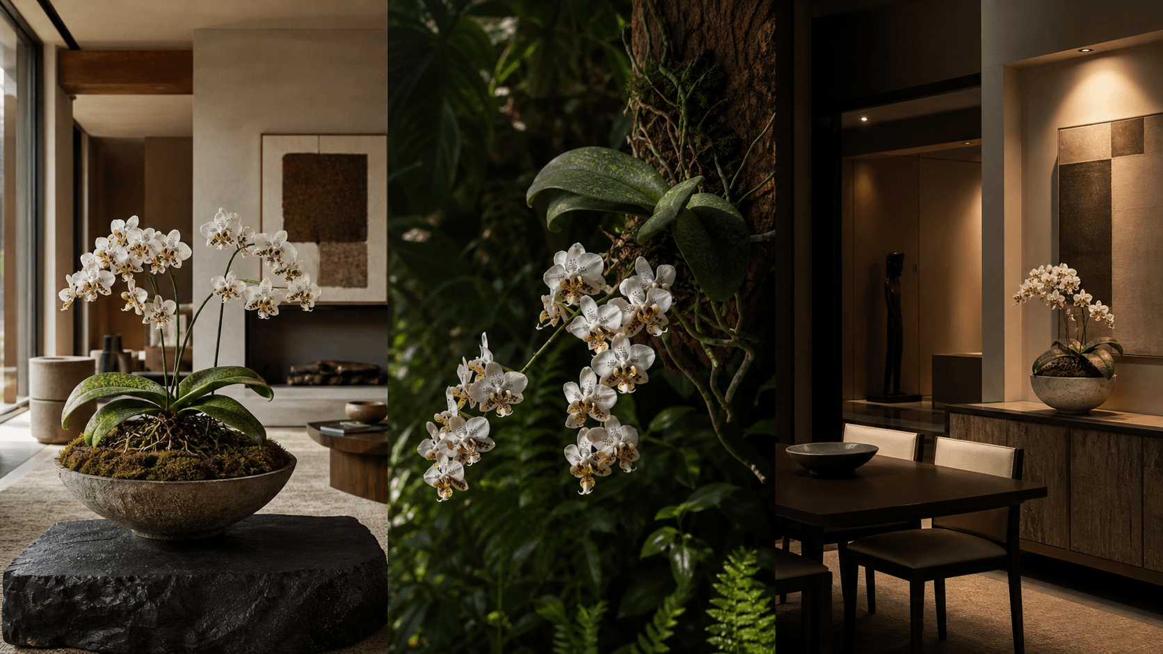 Stuartiana moth orchid shown in three settings: Refined living room, Bright architectural entryway, Sheltered patio