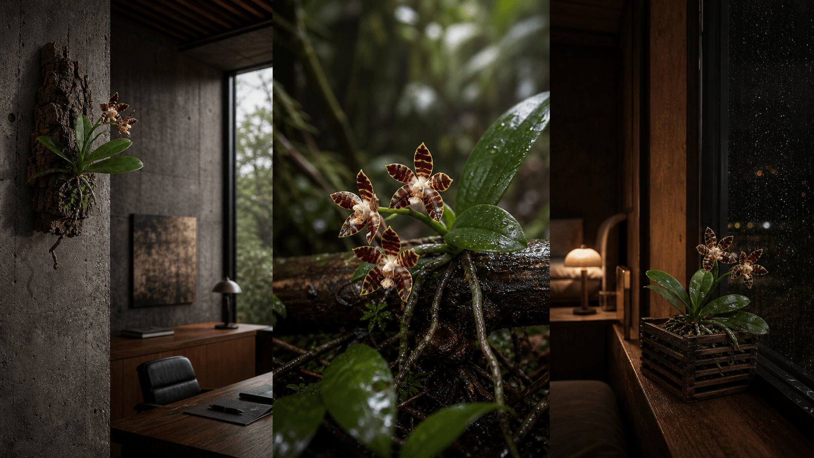 Sumatrana moth orchid shown in three settings: Refined living room, Bright architectural entryway, Sheltered patio
