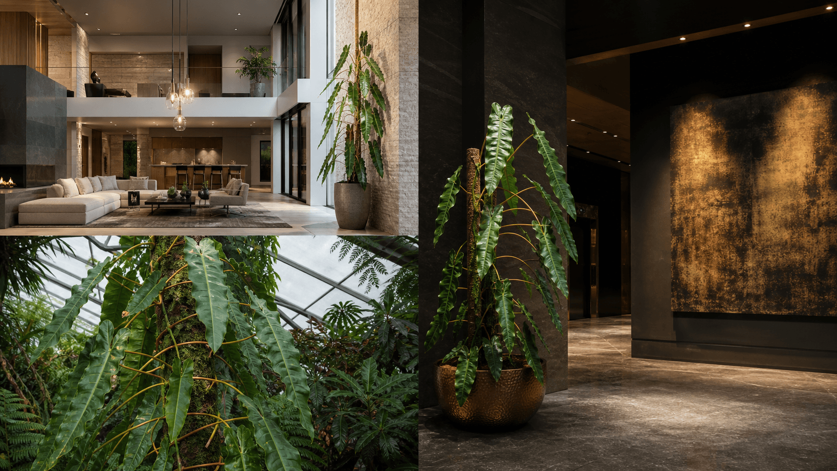 Billietiae philodendron shown in three settings: Living room trellis, Architectural entryway support, Conservatory wall