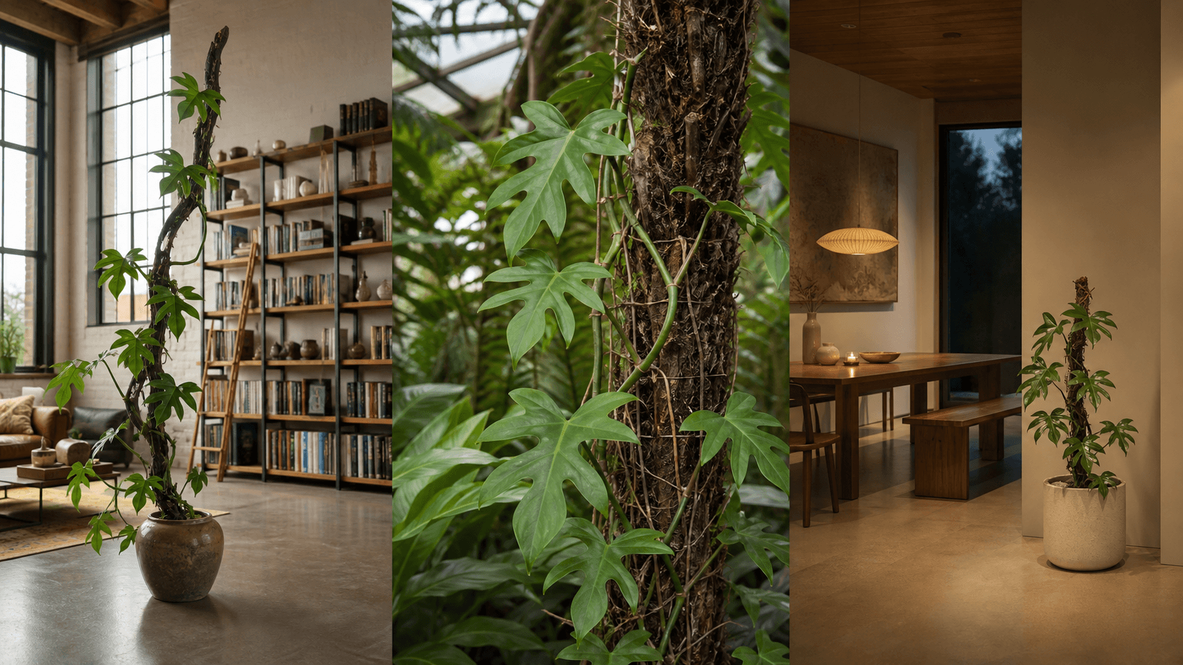 Bipennifolium philodendron shown in three settings: Living room trellis, Architectural entryway support, Conservatory wall