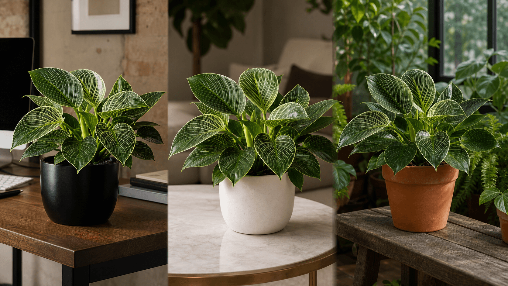 Philodendron Birkin shown in three settings: Living room trellis, Architectural entryway support, Conservatory wall