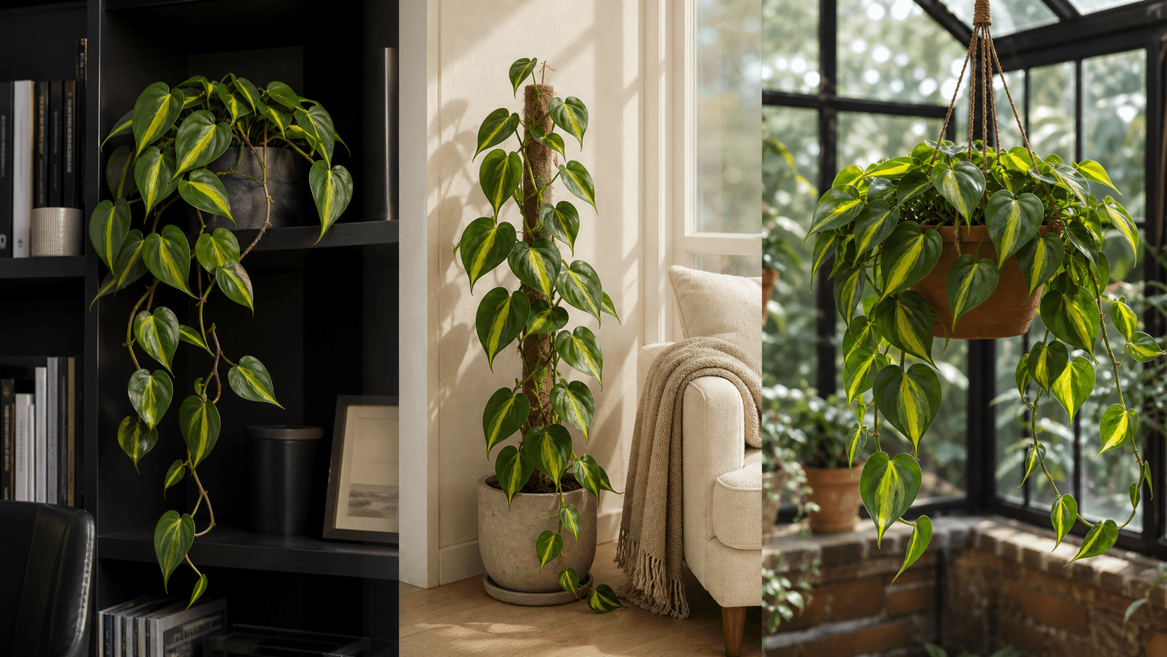 Philodendron Brasil shown in three settings: Living room trellis, Architectural entryway support, Conservatory wall