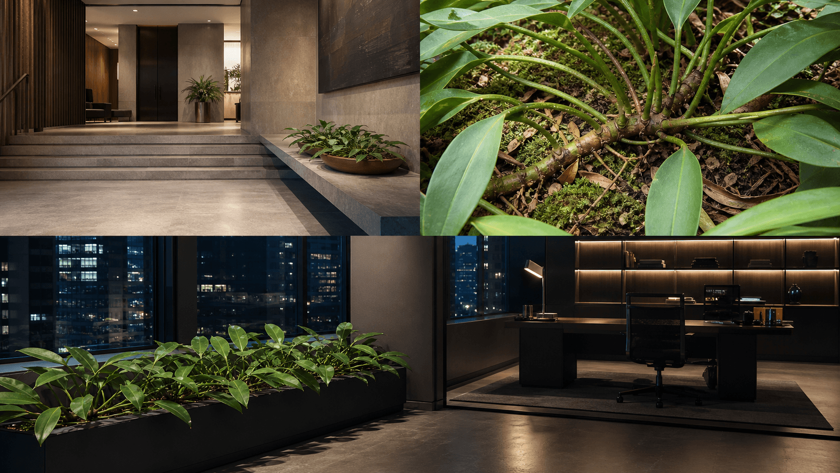 Callosum philodendron shown in three settings: Living room trellis, Architectural entryway support, Conservatory wall