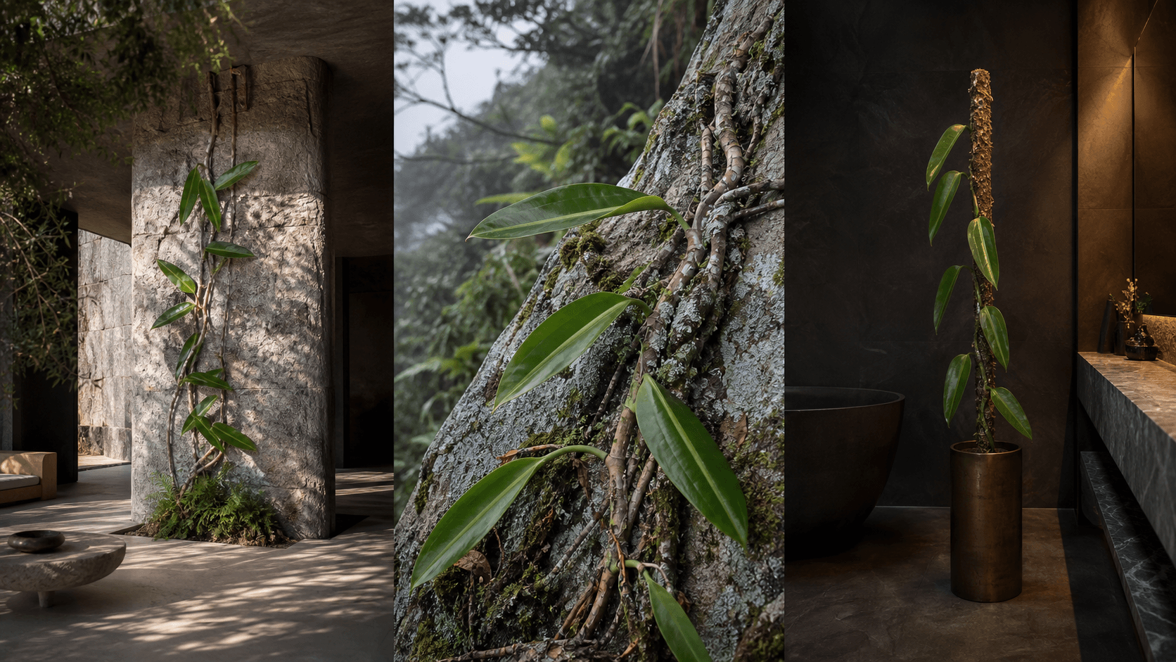 Crassinervium philodendron shown in three settings: Living room trellis, Architectural entryway support, Conservatory wall
