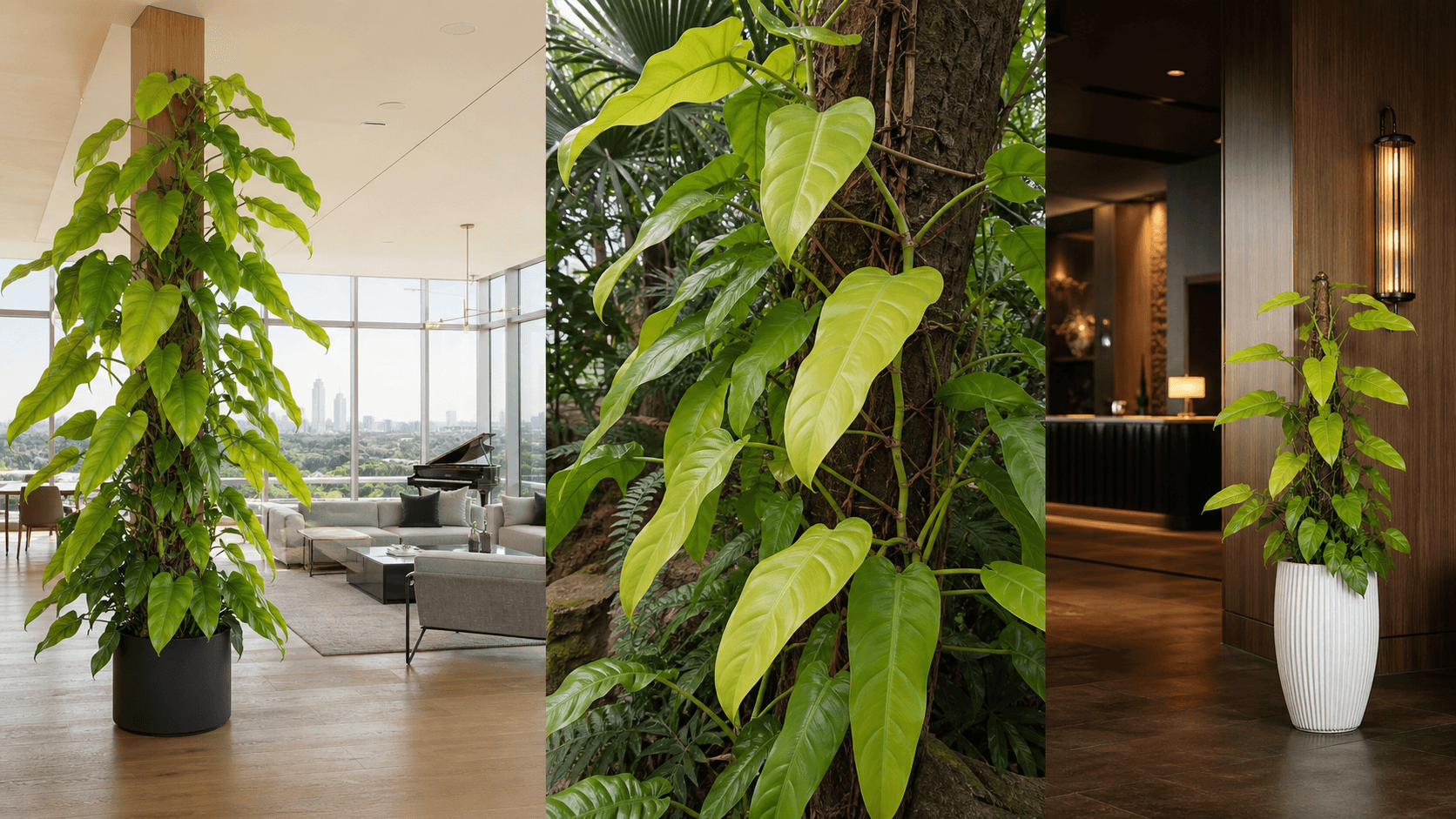 Domesticum philodendron shown in three settings: Living room trellis, Architectural entryway support, Conservatory wall