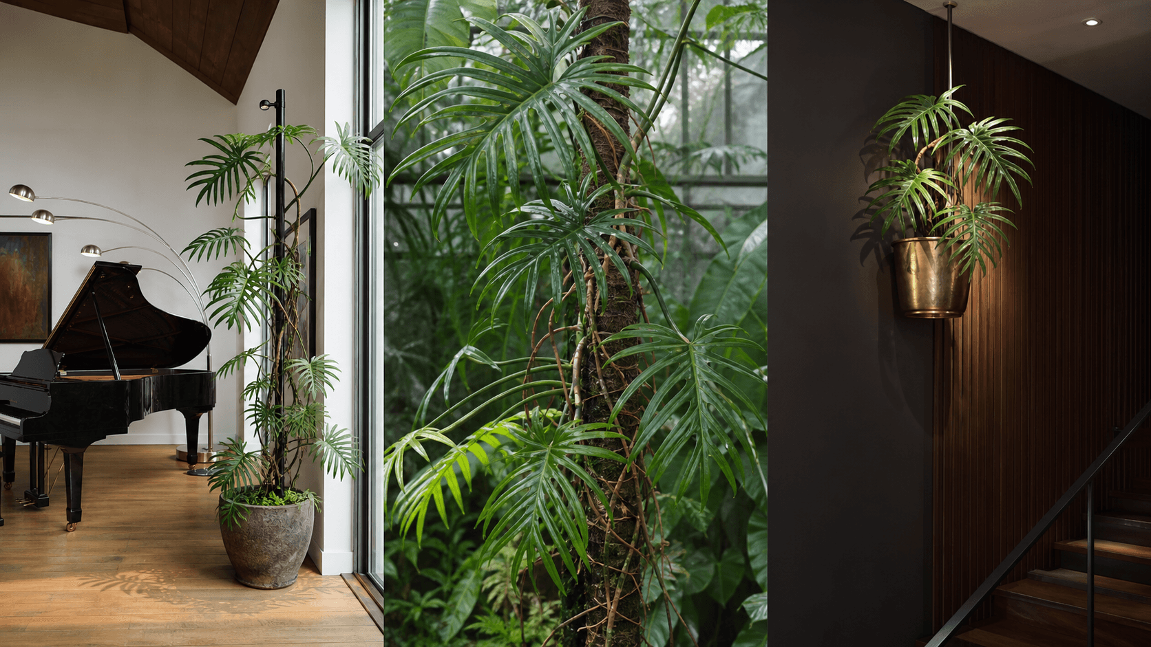 Elegans philodendron shown in three settings: Living room trellis, Architectural entryway support, Conservatory wall