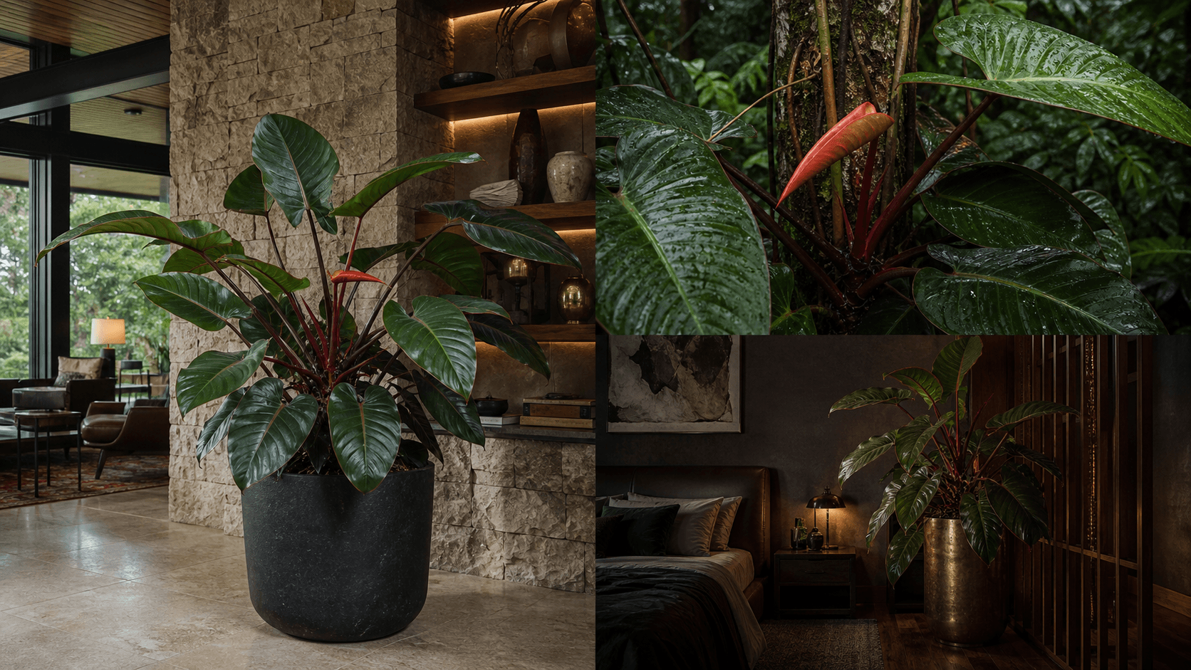 Erubescens philodendron shown in three settings: Living room trellis, Architectural entryway support, Conservatory wall