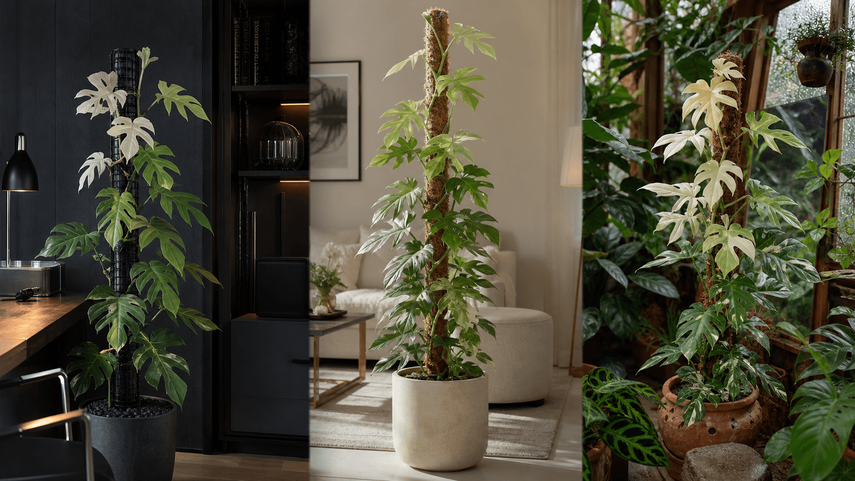 Philodendron Florida Ghost shown in three settings: Living room trellis, Architectural entryway support, Conservatory wall
