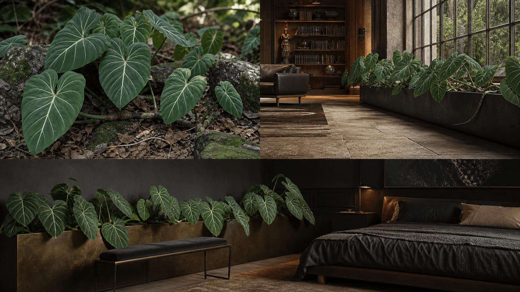 Gloriosum philodendron shown in three settings: Living room trellis, Architectural entryway support, Conservatory wall