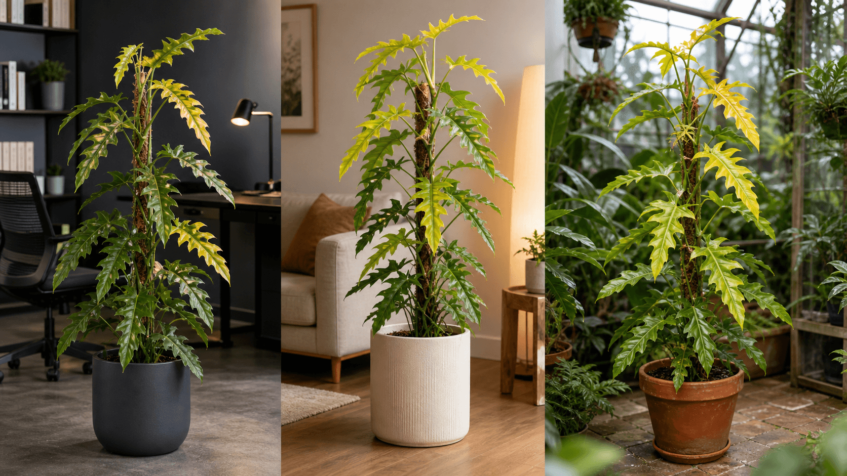 Philodendron Golden Crocodile shown in three settings: Living room trellis, Architectural entryway support, Conservatory wall
