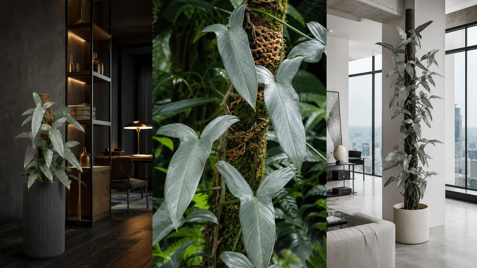 Hastatum philodendron shown in three settings: Living room trellis, Architectural entryway support, Conservatory wall