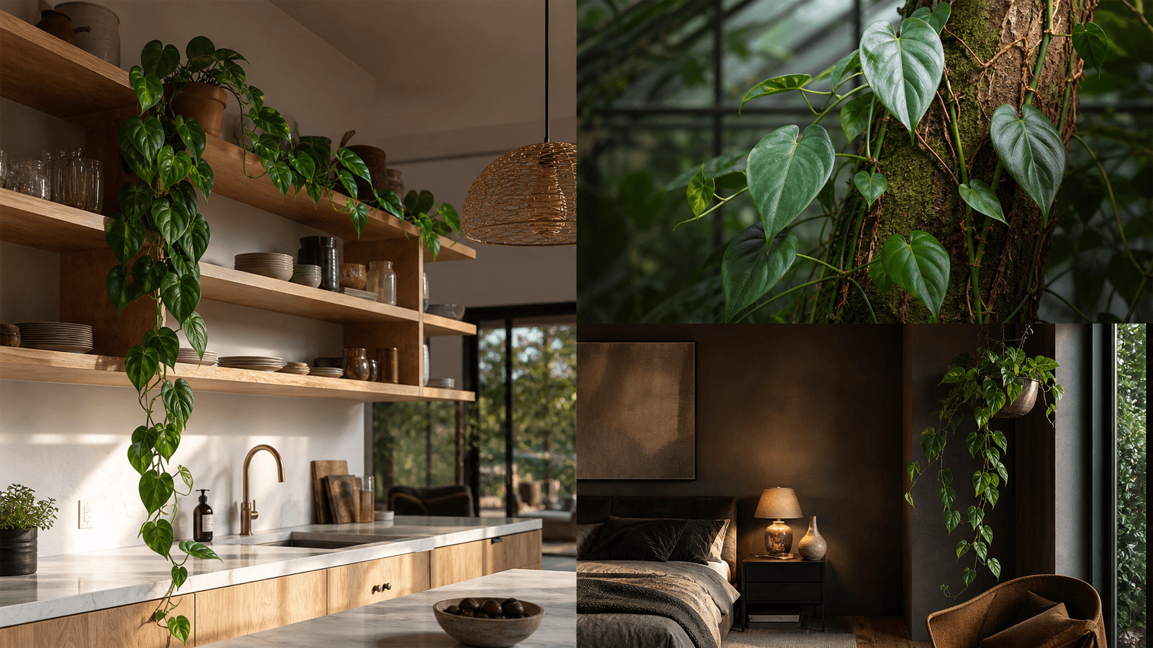 Heartleaf Philodendron shown in three settings: Living room trellis, Architectural entryway support, Conservatory wall