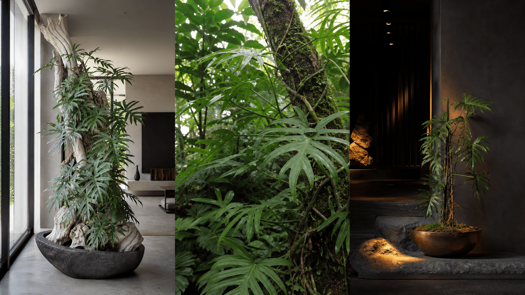 Laciniatum philodendron shown in three settings: Living room trellis, Architectural entryway support, Conservatory wall