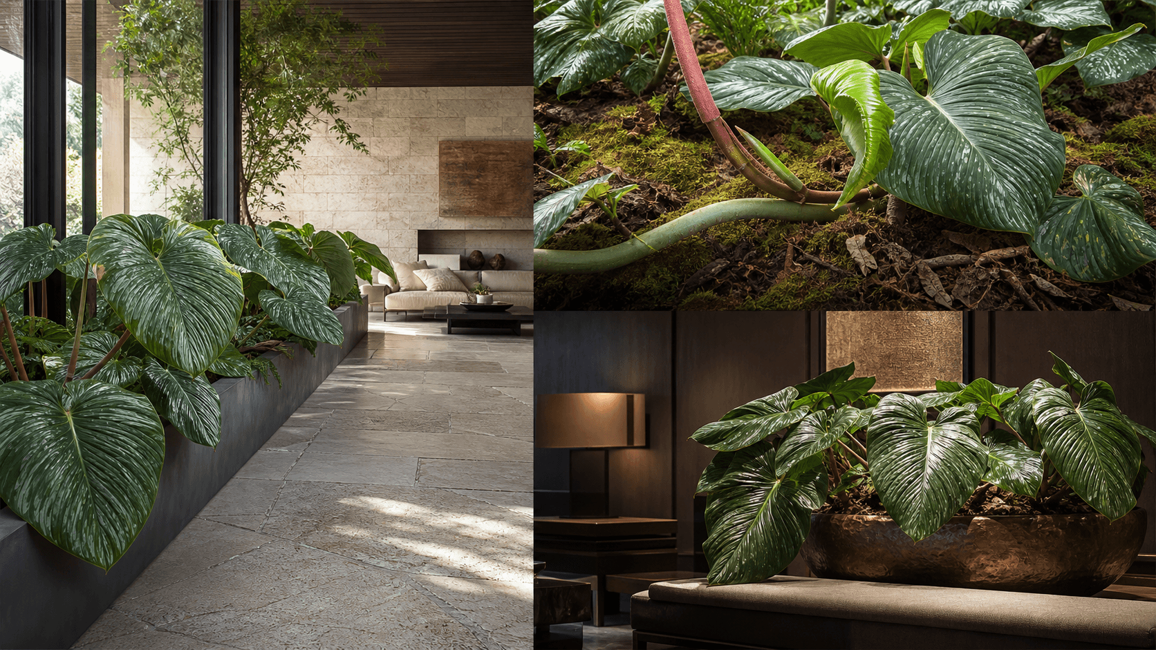 Mamei philodendron shown in three settings: Living room trellis, Architectural entryway support, Conservatory wall