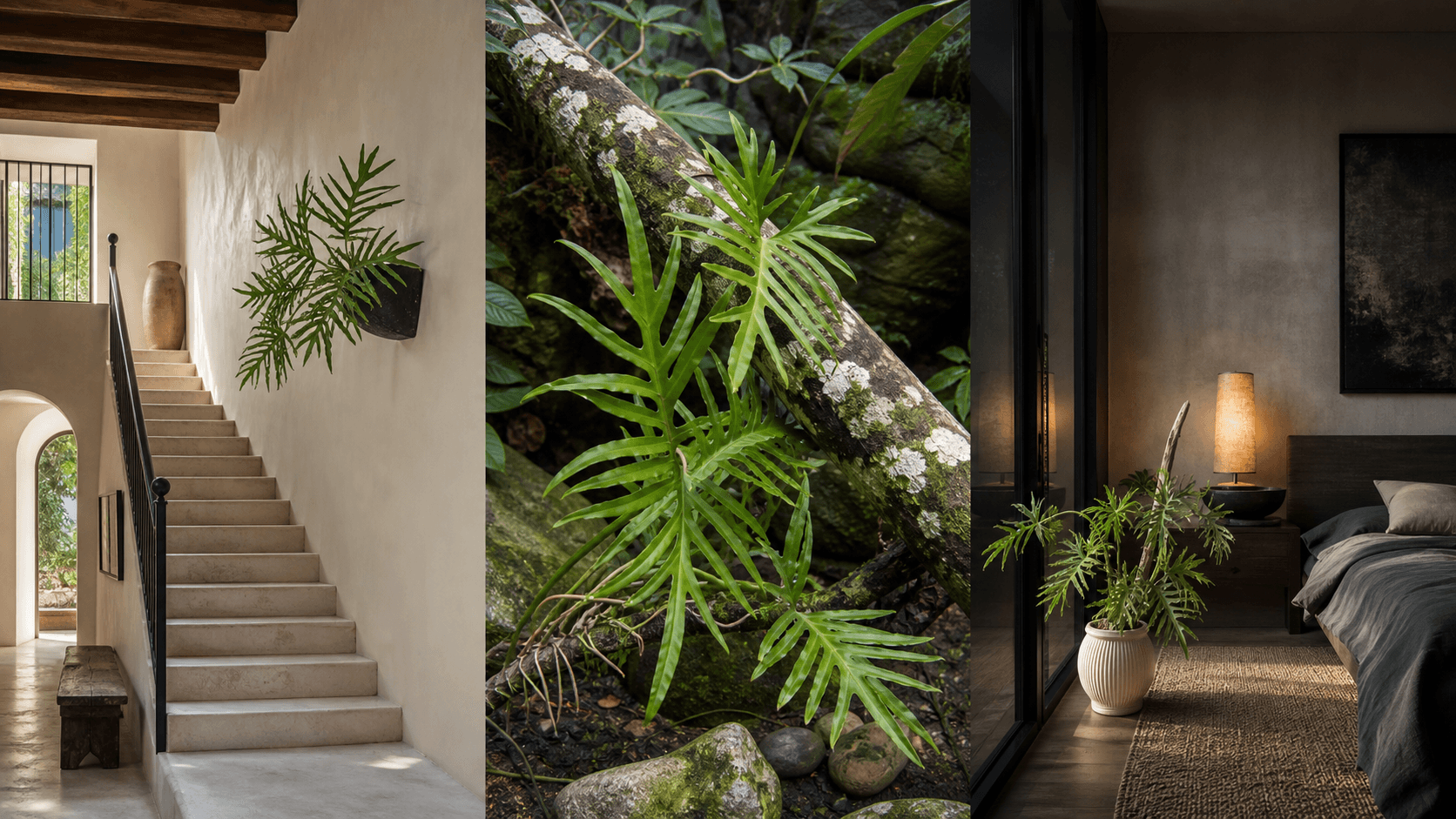 Mayoi philodendron shown in three settings: Living room trellis, Architectural entryway support, Conservatory wall