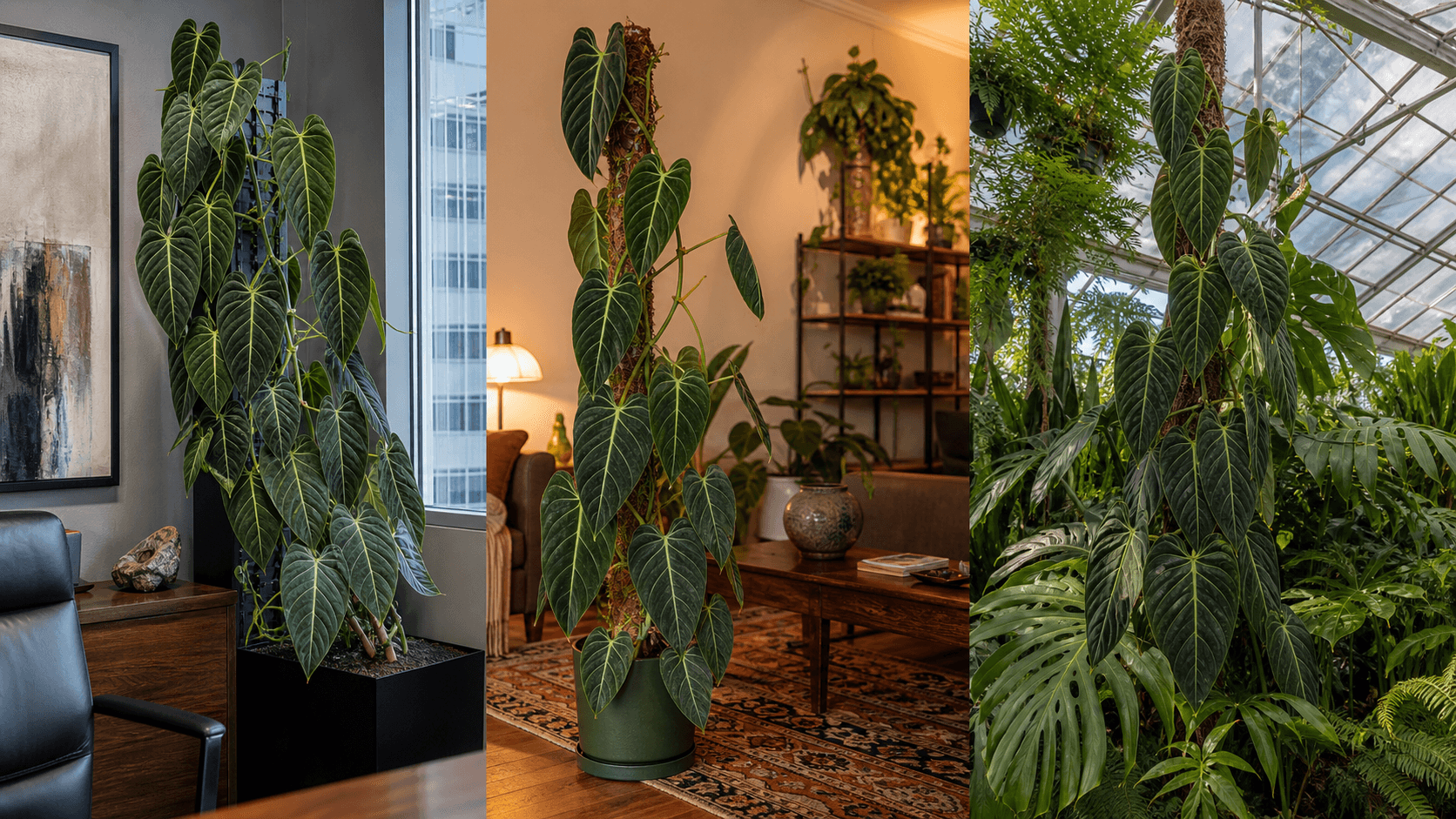 Philodendron Melanochrysum shown in three settings: Living room trellis, Architectural entryway support, Conservatory wall