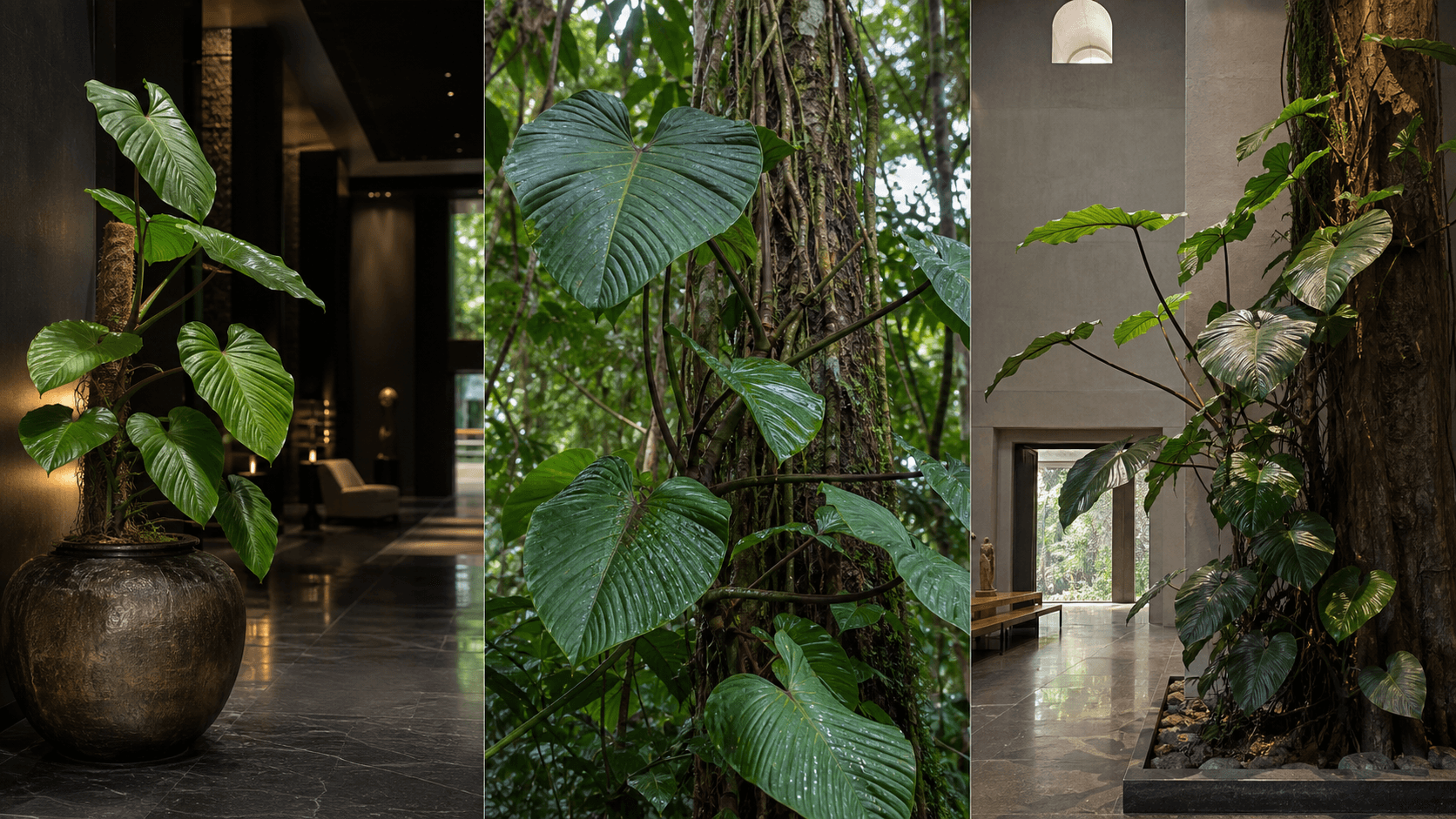Ornatum philodendron shown in three settings: Living room trellis, Architectural entryway support, Conservatory wall