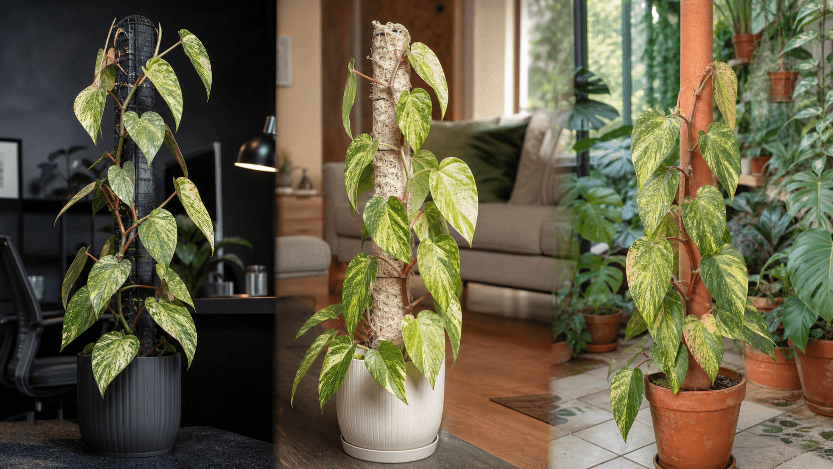 Philodendron Painted Lady shown in three settings: Living room trellis, Architectural entryway support, Conservatory wall