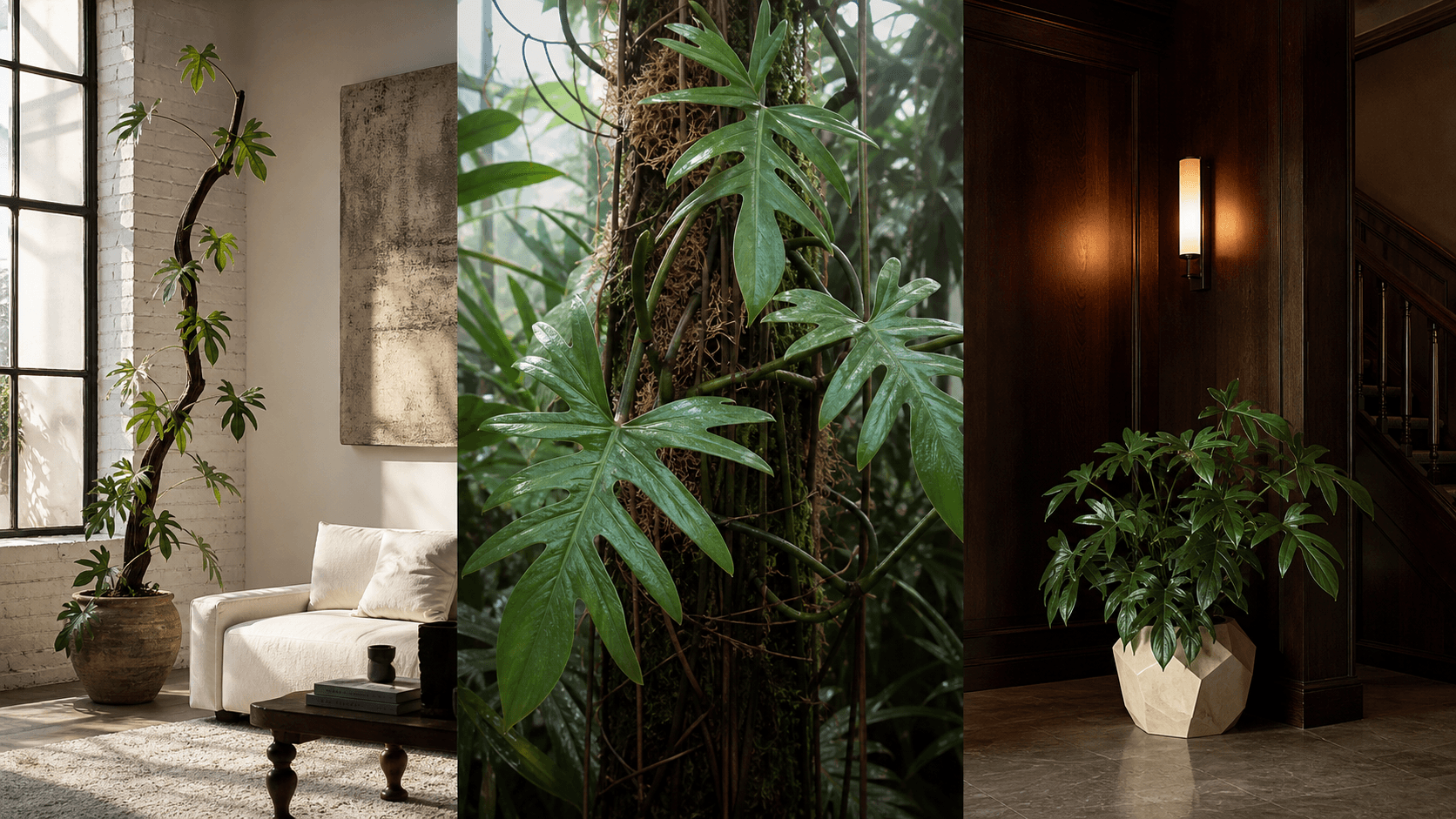 Pedatum philodendron shown in three settings: Living room trellis, Architectural entryway support, Conservatory wall