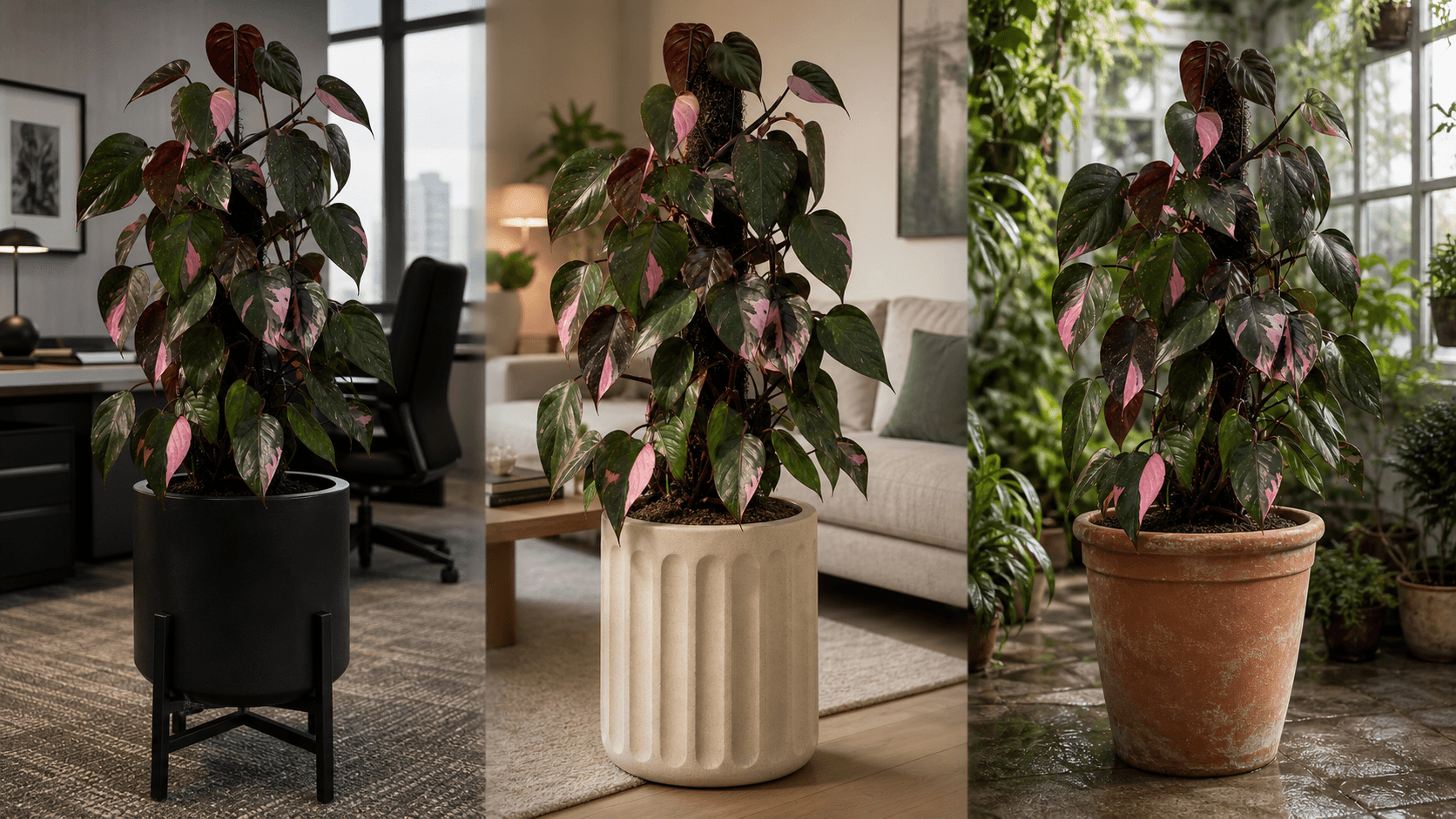 Philodendron Pink Princess shown in three settings: Living room trellis, Architectural entryway support, Conservatory wall