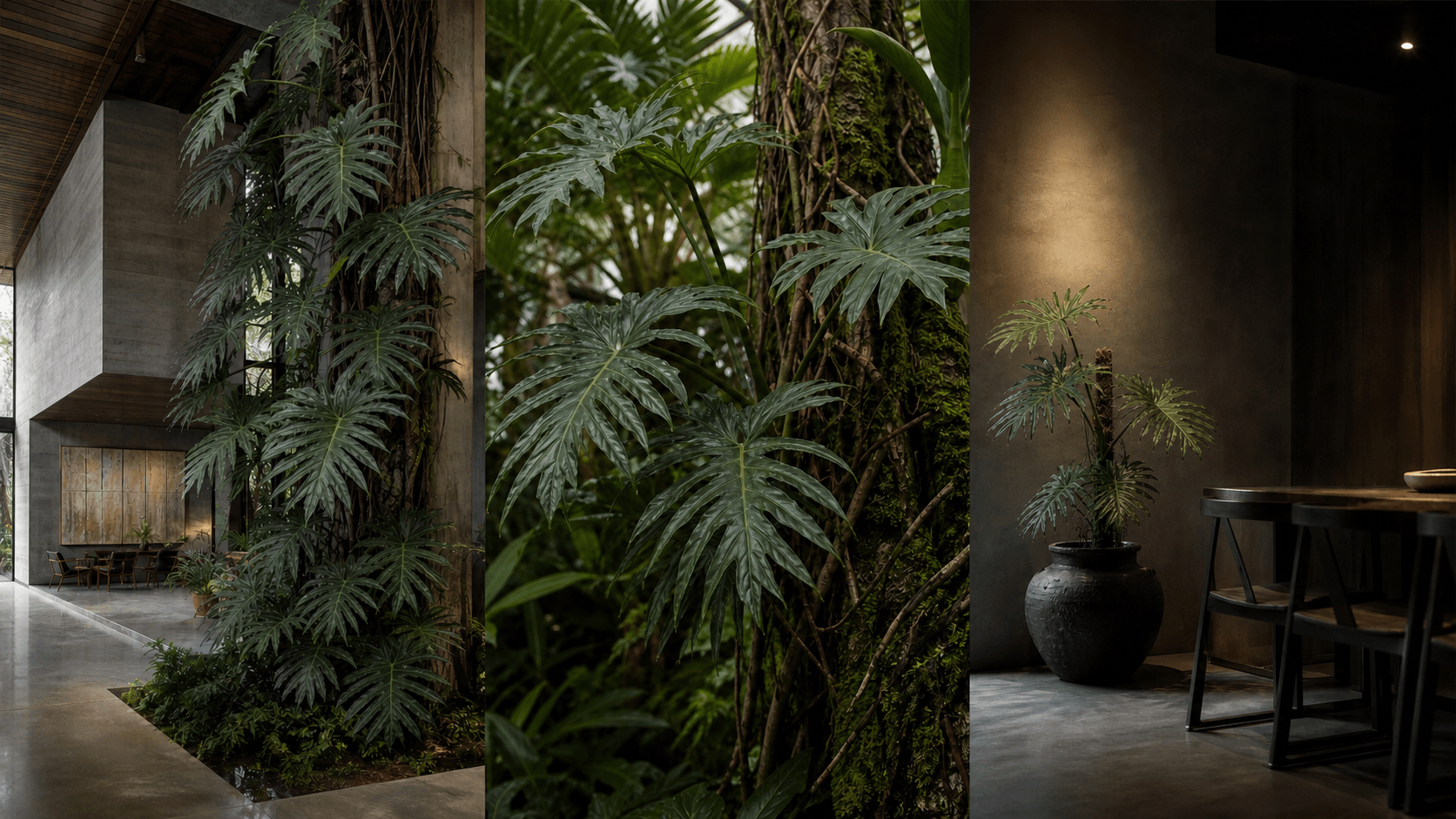 Radiatum philodendron shown in three settings: Living room trellis, Architectural entryway support, Conservatory wall