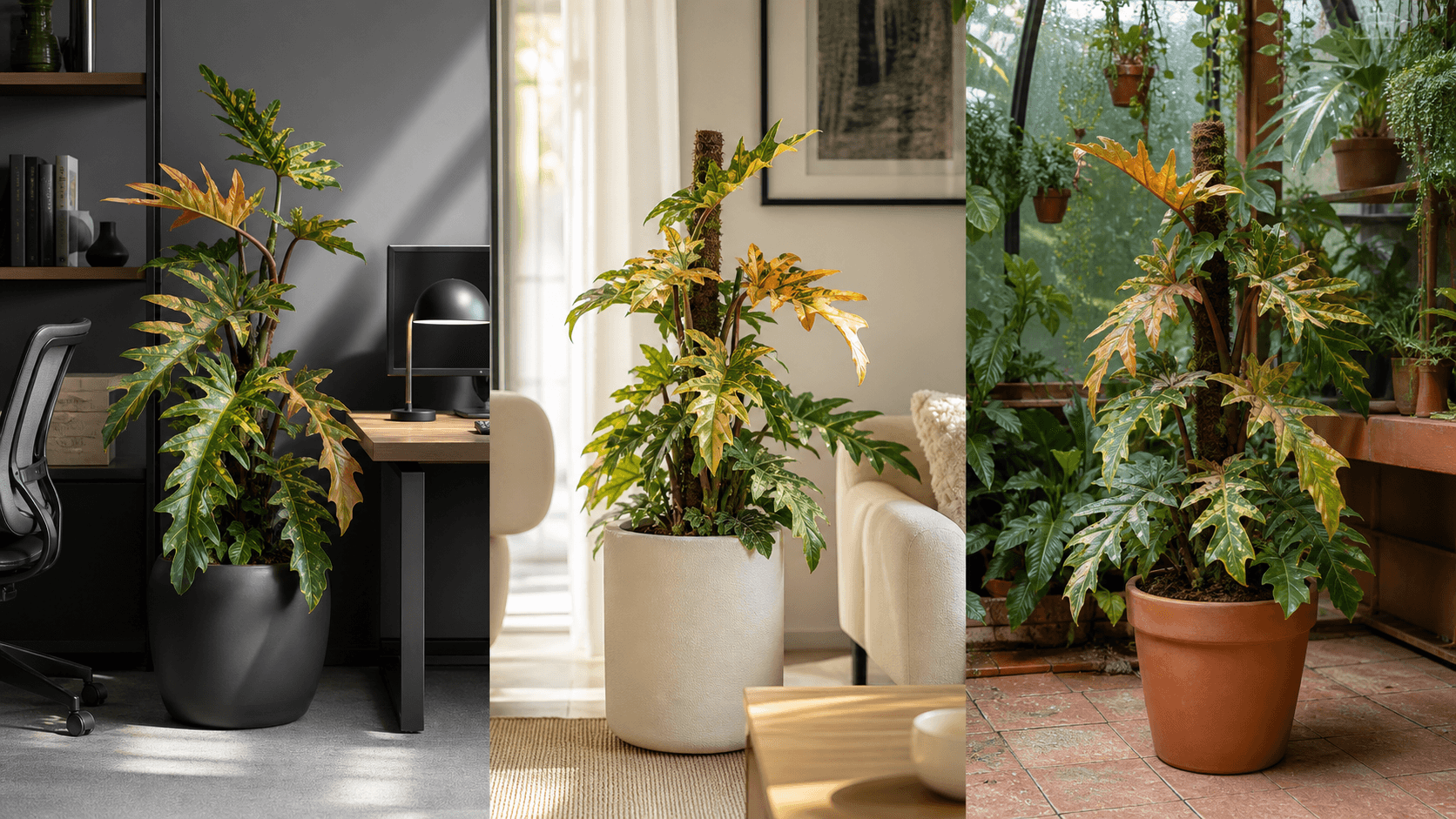 Philodendron Ring of Fire shown in three settings: Living room trellis, Architectural entryway support, Conservatory wall