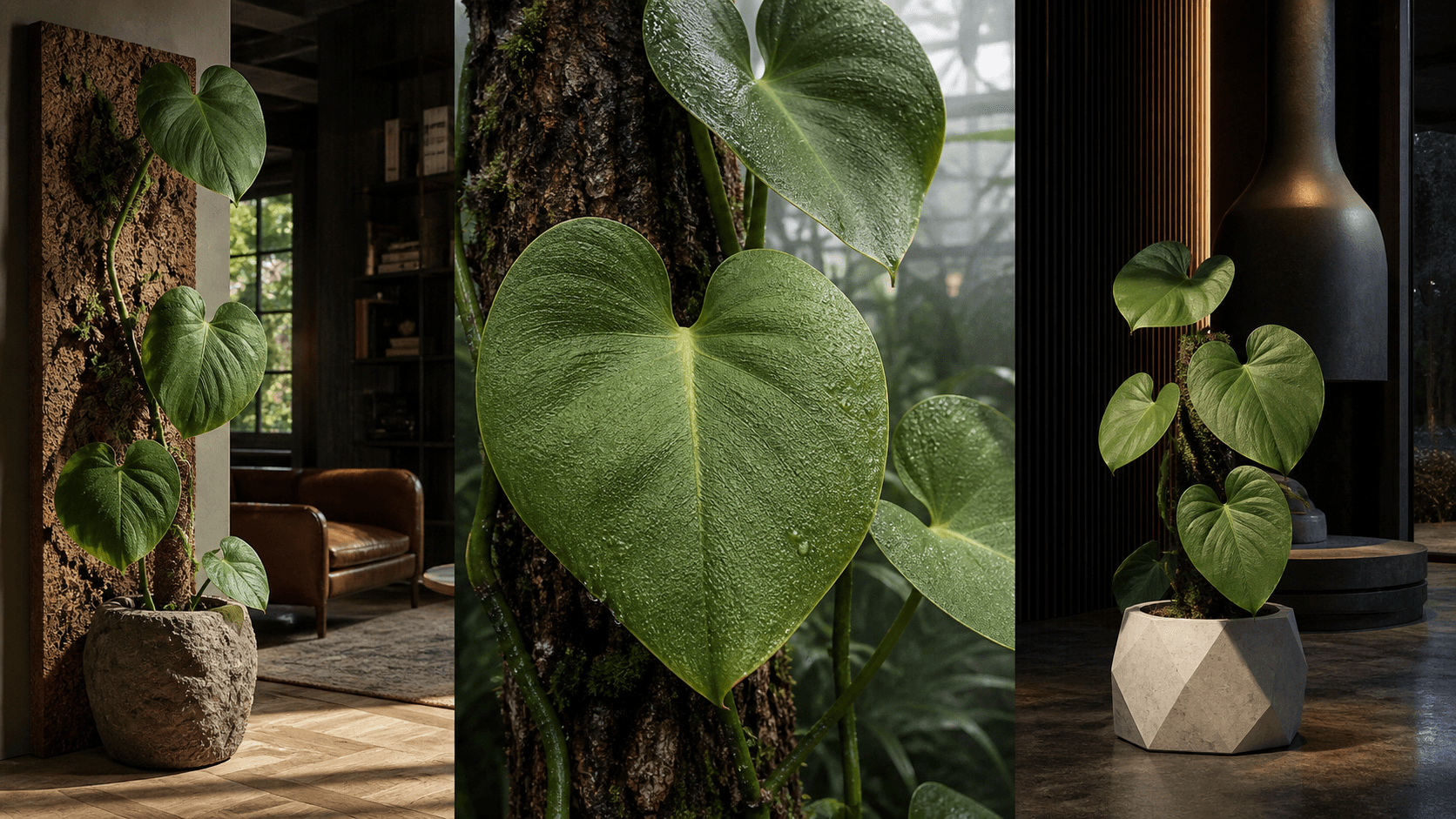 Rugosum philodendron shown in three settings: Living room trellis, Architectural entryway support, Conservatory wall