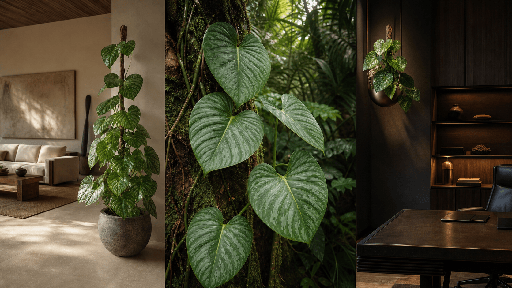 Sodiroi philodendron shown in three settings: Living room trellis, Architectural entryway support, Conservatory wall