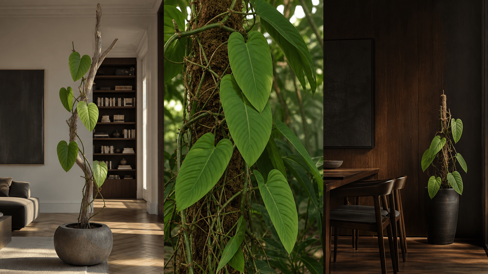 Tenue philodendron shown in three settings: Living room trellis, Architectural entryway support, Conservatory wall