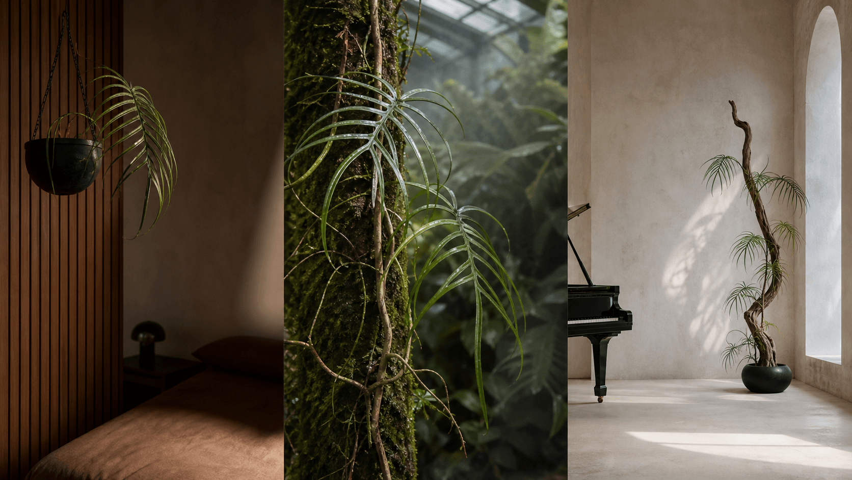 Tortum philodendron shown in three settings: Living room trellis, Architectural entryway support, Conservatory wall