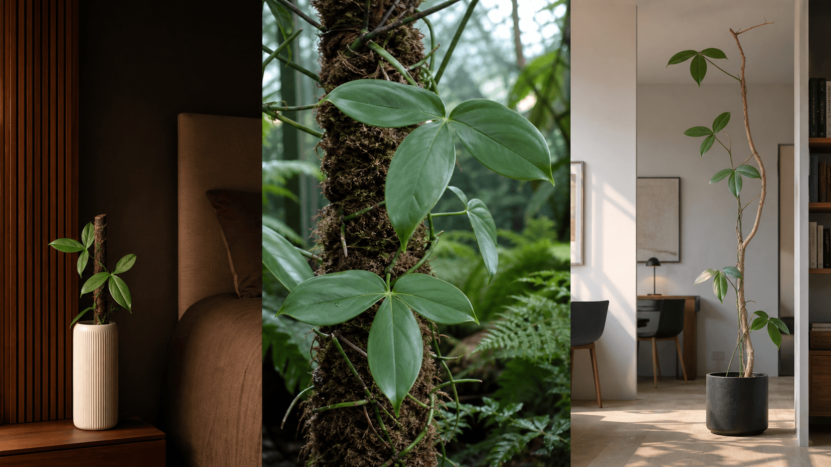 Tripartitum philodendron shown in three settings: Living room trellis, Architectural entryway support, Conservatory wall