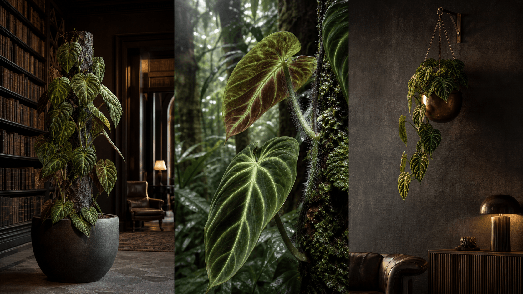 Verrucosum philodendron shown in three settings: Living room trellis, Architectural entryway support, Conservatory wall