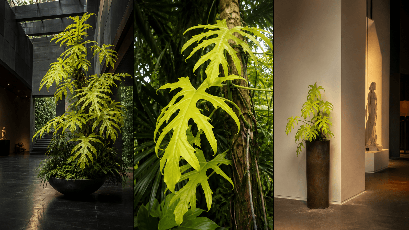 Warszewiczii philodendron shown in three settings: Living room trellis, Architectural entryway support, Conservatory wall