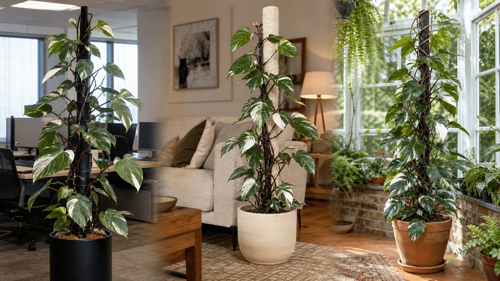 Philodendron White Knight shown in three settings: Living room trellis, Architectural entryway support, Conservatory wall