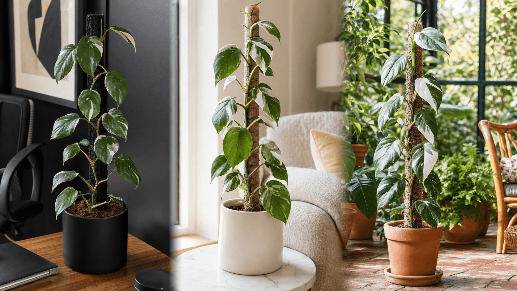 Philodendron White Princess shown in three settings: Living room trellis, Architectural entryway support, Conservatory wall
