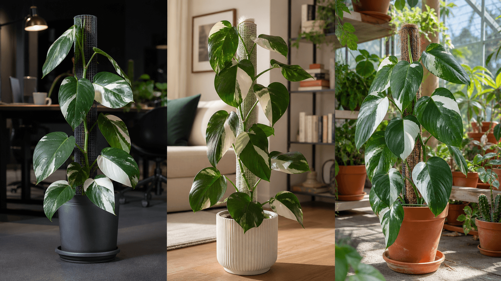 Philodendron White Wizard shown in three settings: Living room trellis, Architectural entryway support, Conservatory wall