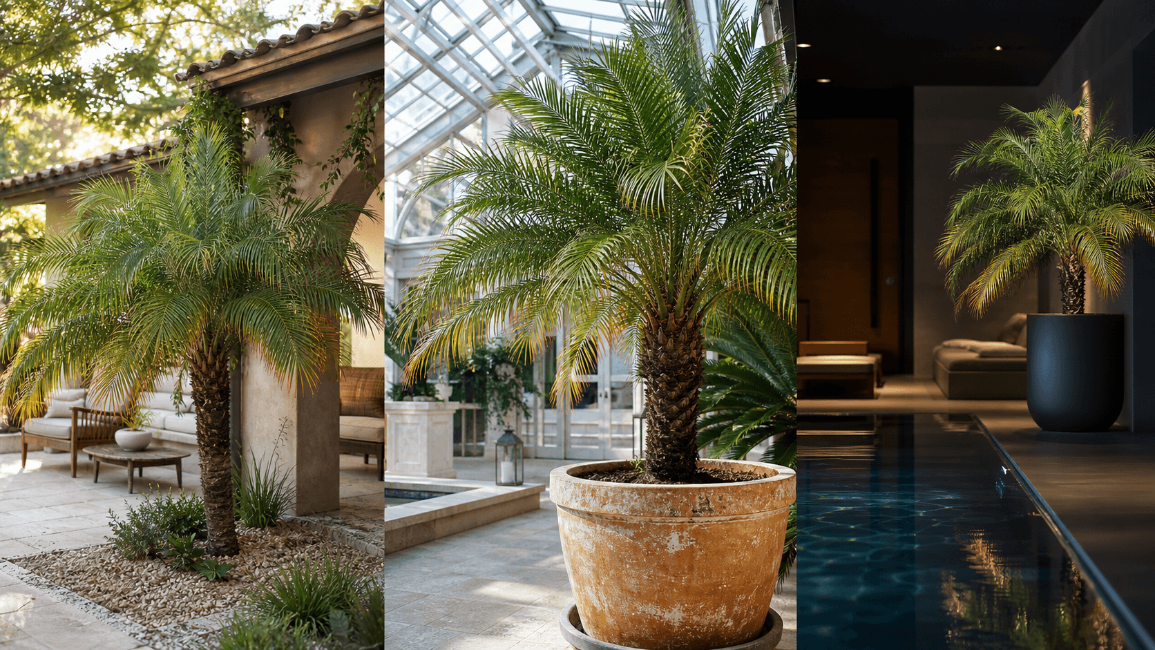 Pygmy Date Palm shown in three settings: Executive office, Refined living room, Bright conservatory