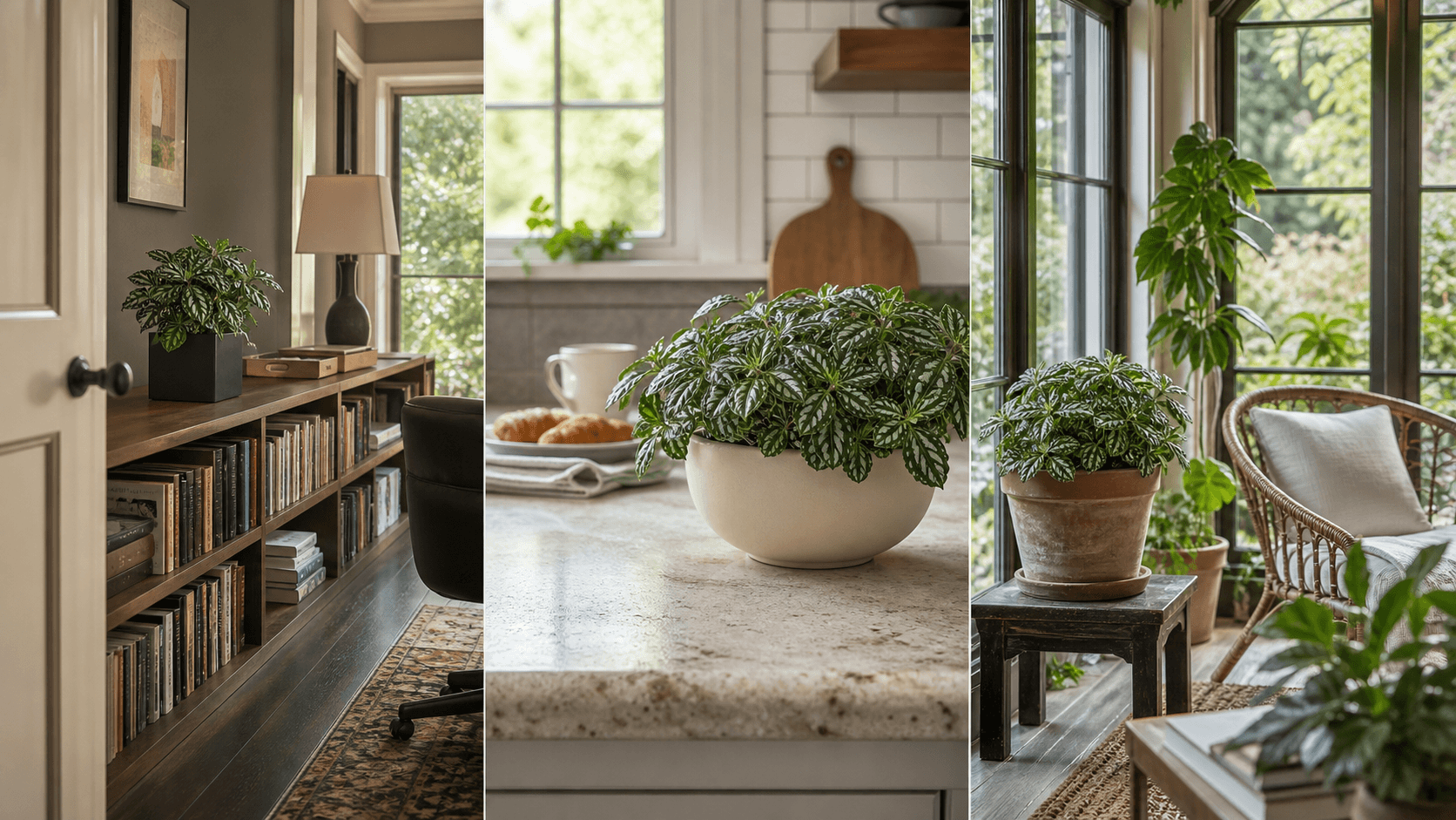 Aluminum Plant shown in three settings: Executive office, Refined living room, Bright conservatory