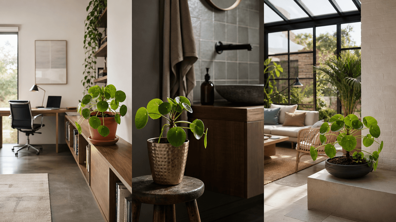 Chinese money plant shown in three settings: Executive office, Refined living room, Bright conservatory