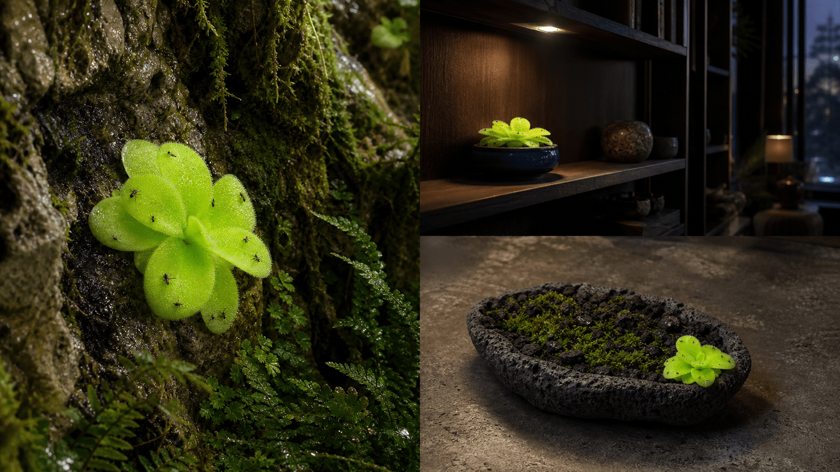 Gigantea butterwort shown in three settings: Bright executive office, Modern living room, Sheltered patio