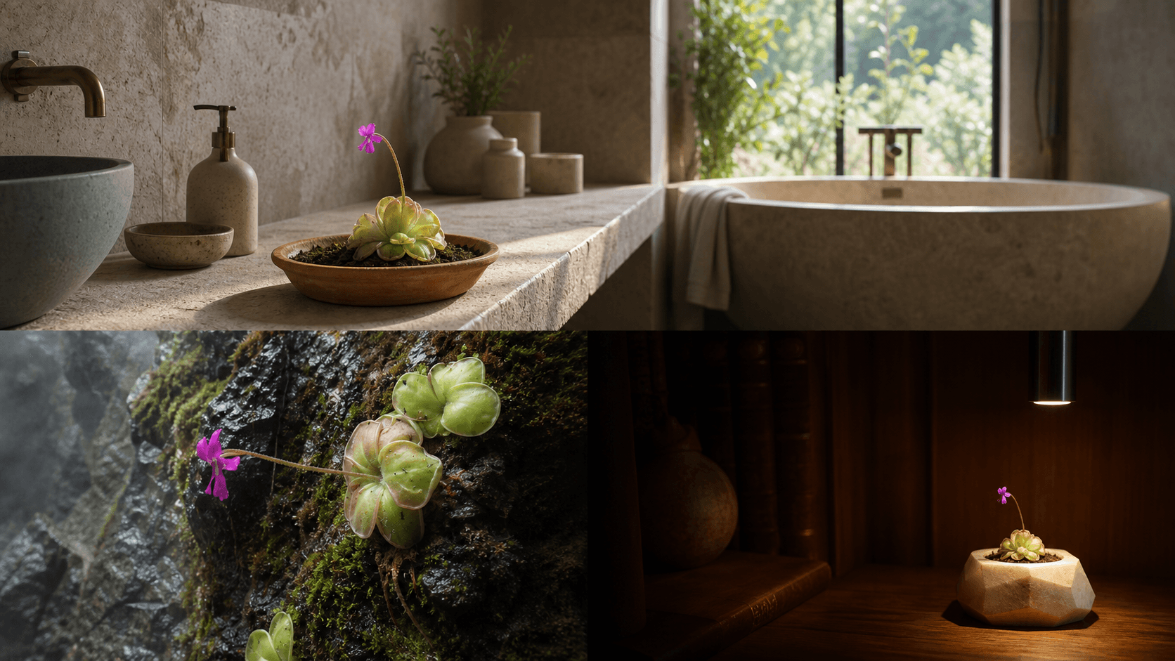 Moranensis butterwort shown in three settings: Bright executive office, Modern living room, Sheltered patio