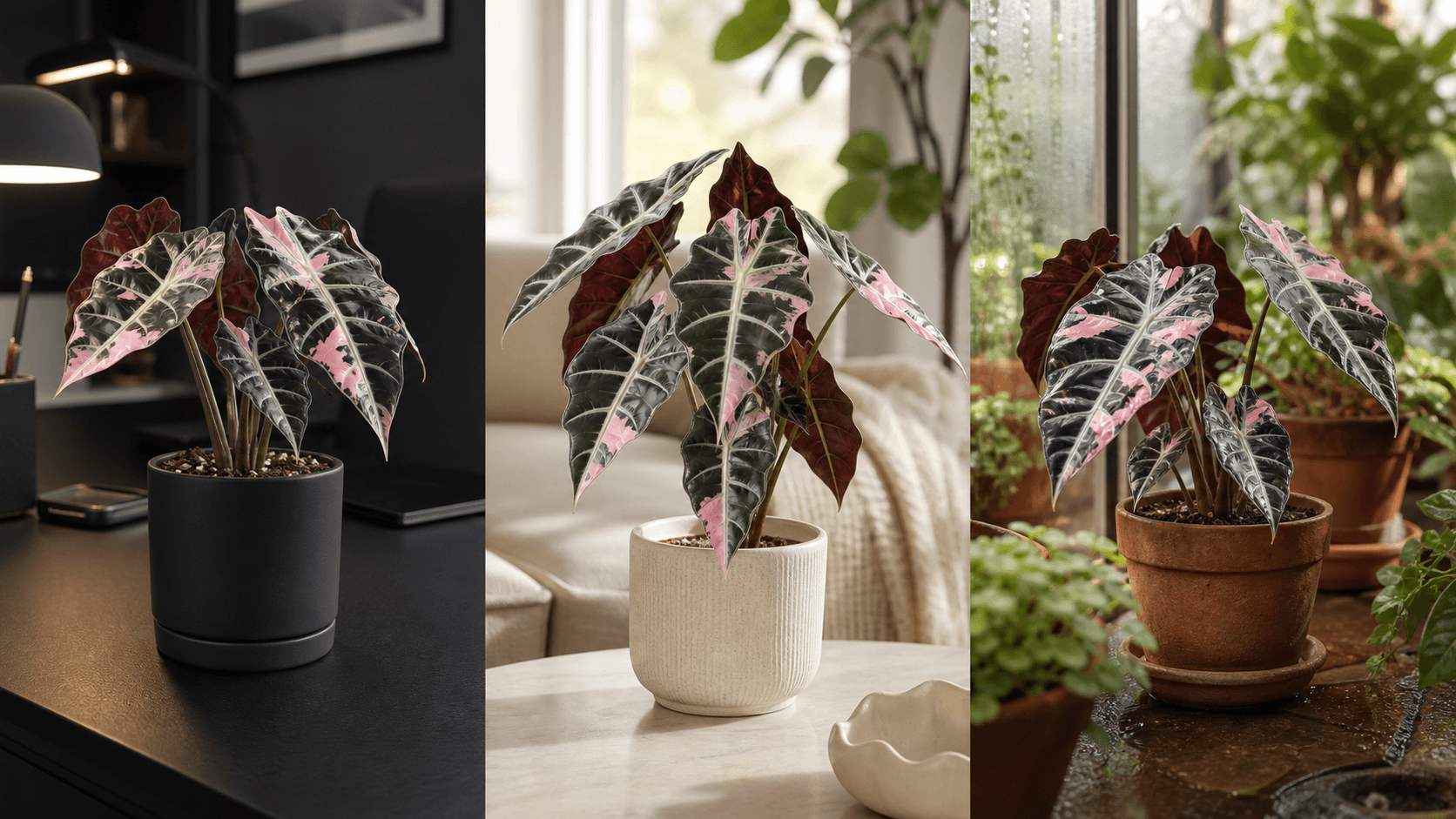 Pink Polly Alocasia shown in three settings: Executive office, Refined living room, Bright conservatory