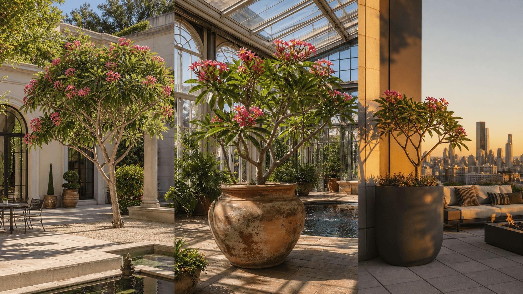 Frangipani shown in three settings: Executive office, Refined living room, Bright conservatory