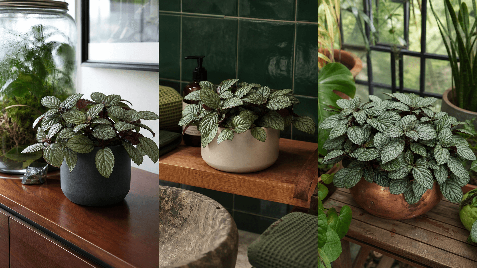 purple waffle plant shown in three settings: Executive office, Refined living room, Bright conservatory