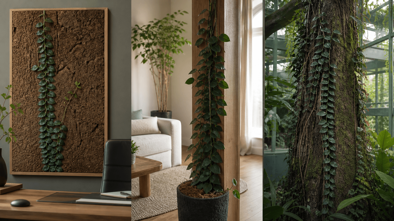 Rhaphidophora hayi / Shingle Plant shown in three settings: Living room trellis, Architectural entryway support, Conservatory wall