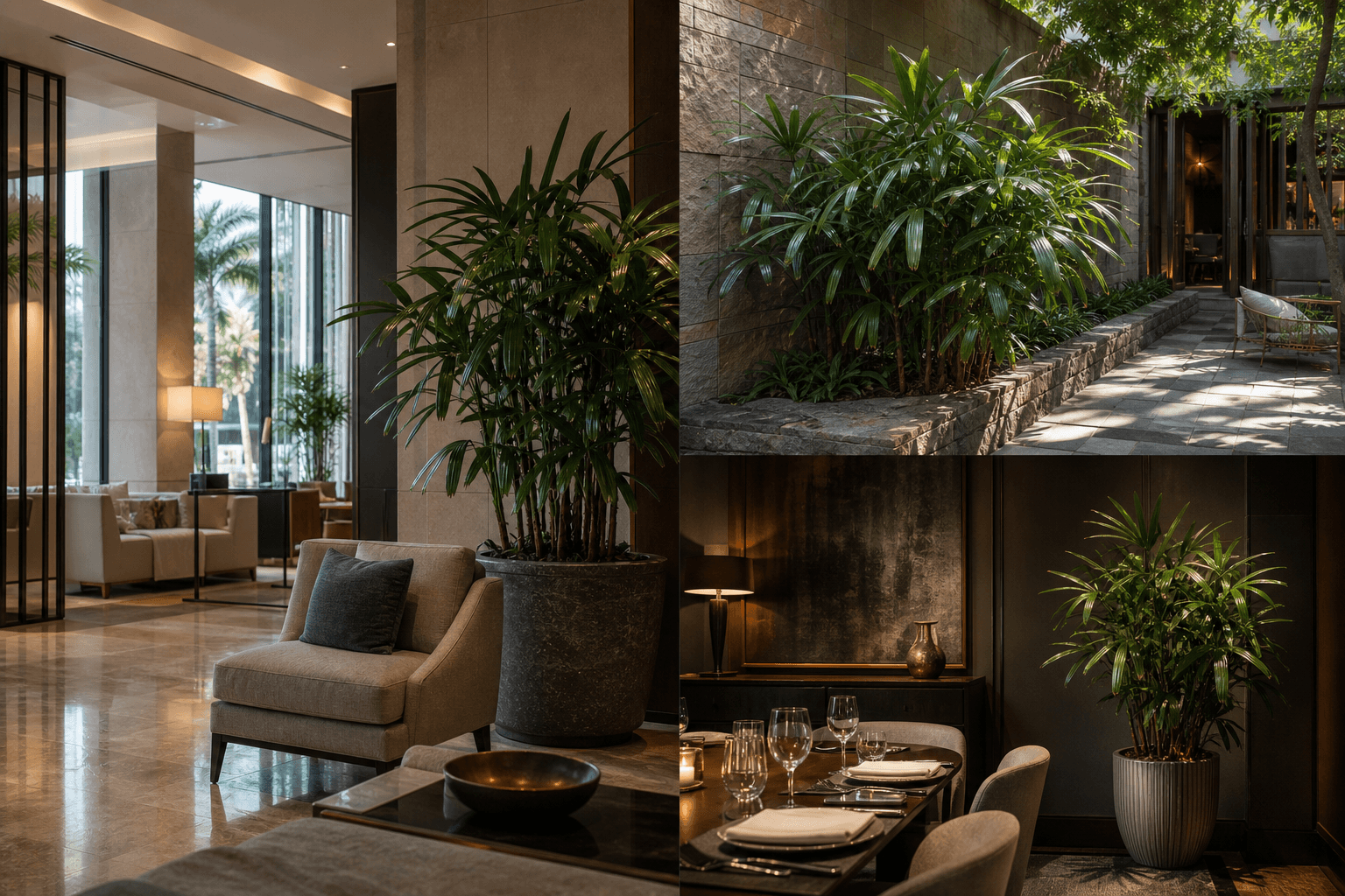 Lady Palm shown in three settings: Executive office, Refined living room, Bright conservatory